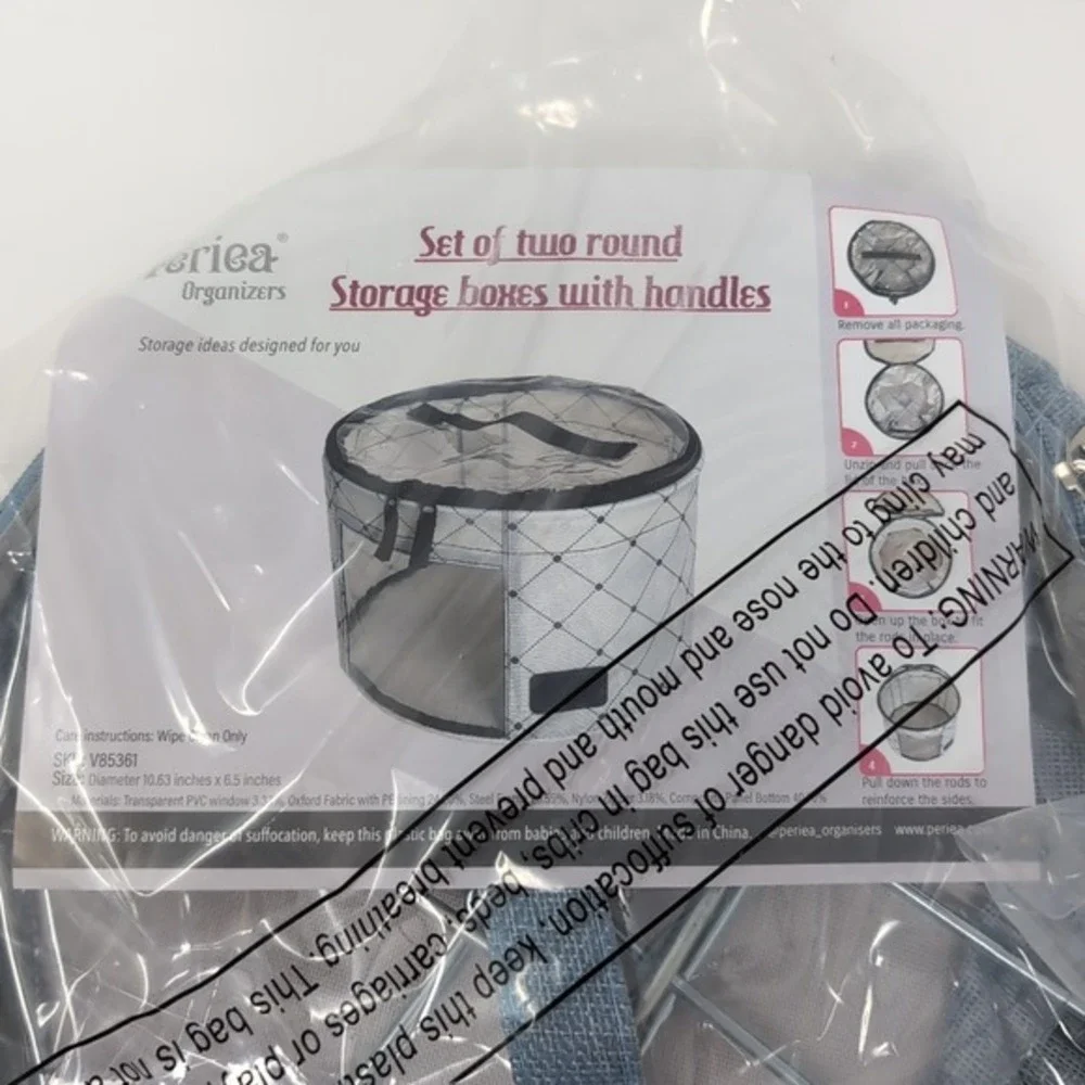 Periea Set of 2 Small Rounds Storage Container with Carrying Handles Blue Linen‎